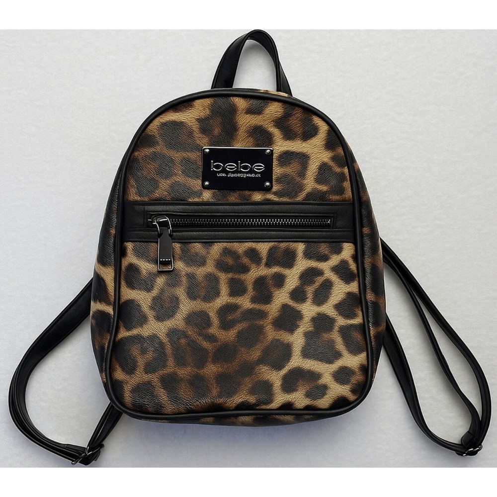 Bebe Mini Backpack Women One Size Brown Leopard Print Faux Leather Logo Bag